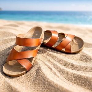 Blowfish Cognac Leather Crisscross Slide Sandals